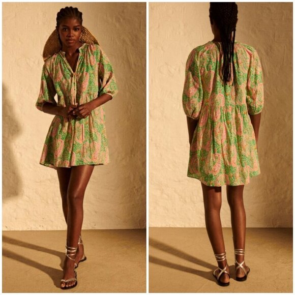 💕BA&SH💕 Odeon Robe Dress ~ Vert Green Paisley Print Large - Picture 2 of 16